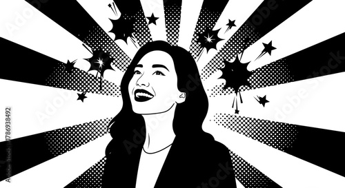 Excited businesswoman celebrating success with vibrant comic book style explosions