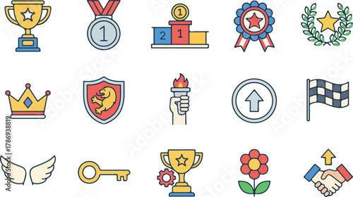 set of medals and Awards and victory color full icon collection. Includes trophy, medal, winner podium, and prize rosette symbols. First place champion achievement concept for success. Editable st