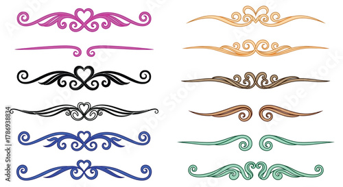 Elegant decorative dividers with hearts, swirls, and floral elements