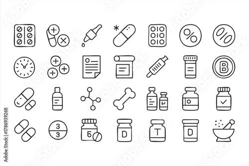 Healthcare and drug line icons for hospital and supplement graphics