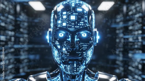 Futuristic Robotic Face with Circuitry - Close-up of a metallic robotic face with blue circuitry patterns glowing vividly.