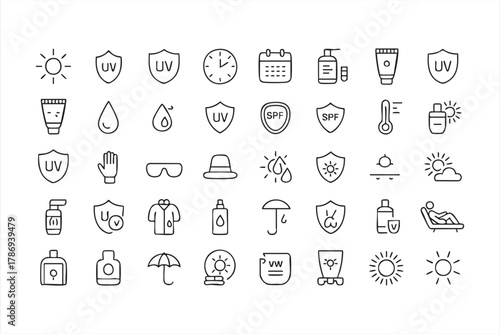 Sun protection and UV skincare vector icons for beauty and wellness design