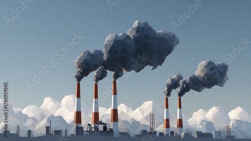 A minimalist low-poly scene of several industrial smokestacks emitting dark clouds against a clear sky, with basic factory shapes