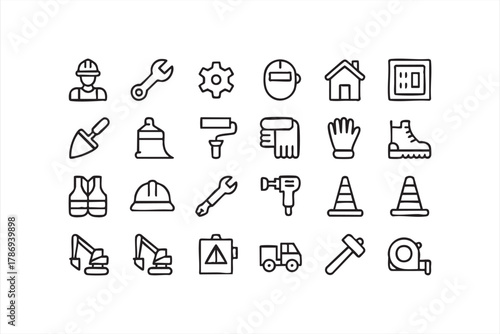 Construction site and machinery outline icon set for professional templates