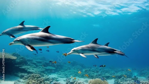 Dolphins swimming in the ocean with coral reefs and colorful fish underwater scene in blue waters dolphin video