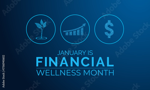 Financial wellness month is observed every year in january. Abstract low poly art style. Banner poster, flyer and background design template. Vector illustration of background. Dollars and hand icon.