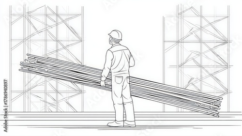 A minimalist line drawing of a construction worker inspecting steel reinforcement bars, with scaffolding outlines in the background