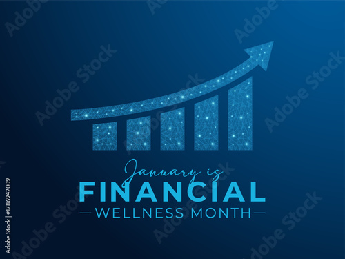 Financial wellness month is observed every year in january. Abstract low poly art style. Banner poster, flyer and background design template. Vector illustration of background. Dollars and hand icon.