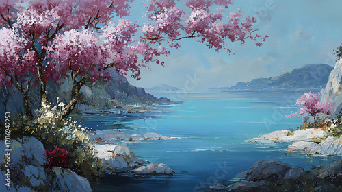 Fototapeta Naklejka Na Ścianę i Meble -  Sakura Blooms by the Azure Sea
