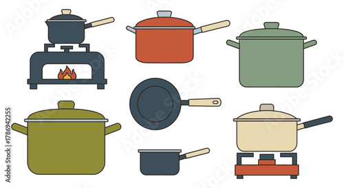 Colorful cookware set for cooking delicious meals with kitchen tools