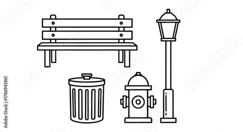 Park elements for your designs include bench, light, hydrant, and bin