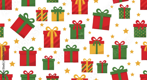 Christmas Gift Box Vector Pattern with Red Green and Gold Presents and Stars