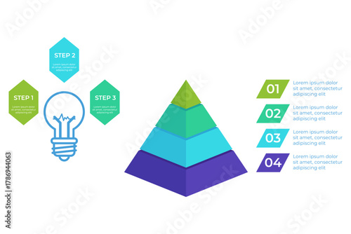 Infographic presenting structured approach with three distinct steps illustrated beside colorful pyramid. Each step designed to guide viewers through specific process visually