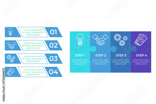 Infographic set presenting clear step-by-step guide to creating effective infographics. Each section including icons and descriptions to simplify design process