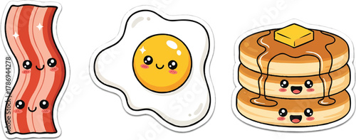 Kawaii Breakfast Food Vector Icon Set with Cute Bacon Egg and Pancake Characters