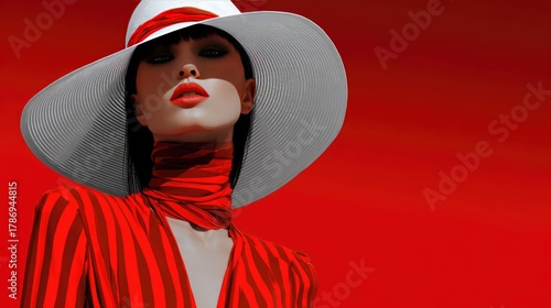 Striking Fashion Portrait: Woman in Red Striped Outfit and Wide-Brimmed Hat Against Bold Red Backdrop