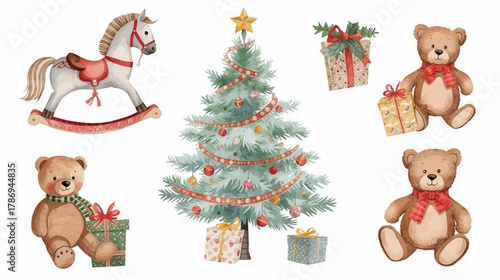 Delightful watercolor illustration showcasing a festive Christmas tree surrounded by charming teddy bears, a rocking horse, and beautifully wrapped presents.