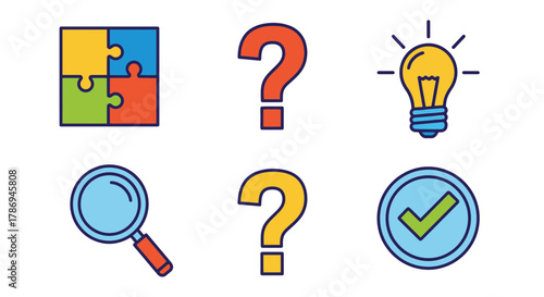 Colorful concept icons showcasing solutions, questions, and ideas