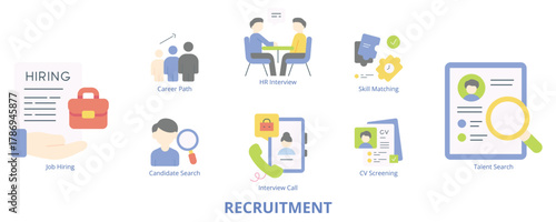 Recruitment Flat Banner Web Icon Set Vector Illustration