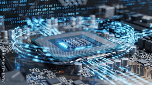 Futuristic Computer Processor with Data Stream - A close-up shot of a computer processor, illuminated with glowing blue lines, representing data flow and binary code in the background.