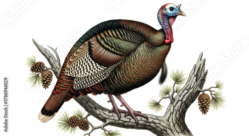 Detailed Wild Turkey Vector Illustration Realistic Bird on a Pine Branch