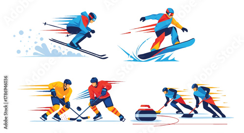 Dynamic Winter Sports Vector Icon Set Featuring Skiing Snowboarding Hockey and Curling Athletes