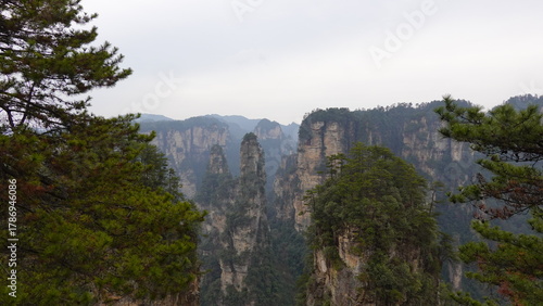 The distinctive landscape of Tianzi mountains in Zhangjiajie National Forest Park, famous place at Hunan Province of China, This UNESCO World Heritage site is famous for its towering sandstone pillars