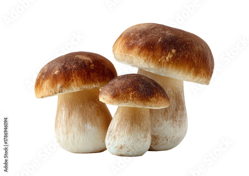 Three wild mushrooms, close-up, on black background