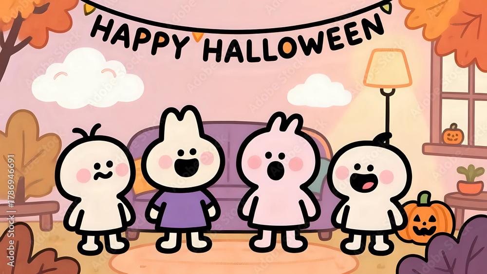 Fototapeta premium Happy Halloween Gathering of Cute Blob Characters
