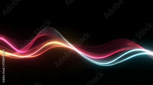 glowing neon lines moving in wave pattern, futuristic motion graphics, seamless loop, 4K, dark background,