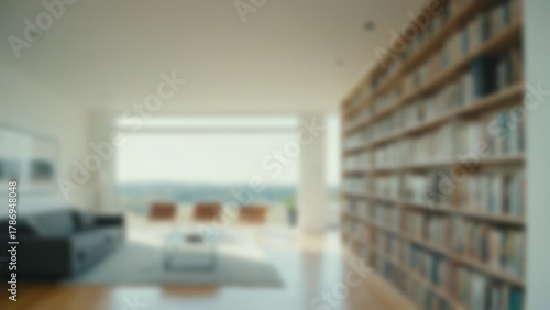 Blured background of bookshelf in living room with modern theme without any human, bright light.