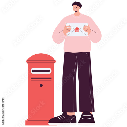 Valentine Illustration. Vector illustration of Young man holding sealed love letter beside red mailbox, sending romantic message for Valentine greeting. Isolated on background
