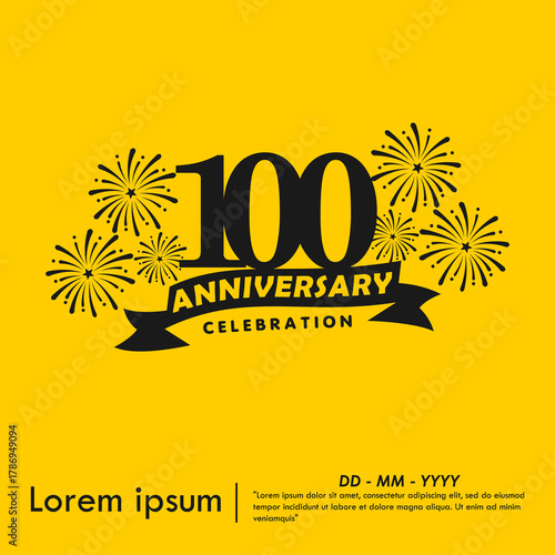 100th years anniversary celebration emblem. anniversary logo isolated with ribbon and fireworks, sparkler on yellow background. vector illustration template design for web