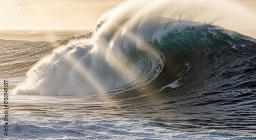 Fototapeta Naklejka Na Ścianę i Meble -  Powerful ocean wave crashing with spray and sunlight
