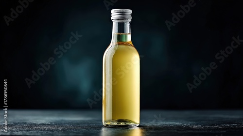 A single bottle of pale yellow beverage with a silver cap, standing on a dark surface with subtle reflections