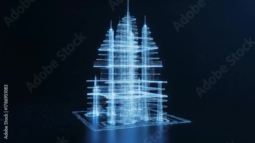 Futuristic Digital Building Visualization - A futuristic cityscape is video in a glowing blue wireframe style.