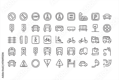Road and transport line art symbols for urban mobility and infrastructure themes