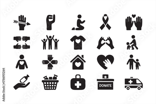 Black charity and donation icons set for volunteering and humanitarian projects