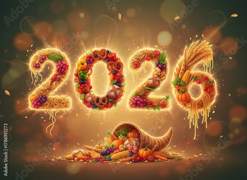 Glowing 2026 Made of Food — Symbol of Abundance, Prosperity, and Celebration