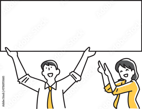 ボードを持つ男と笑顔で案内する女性