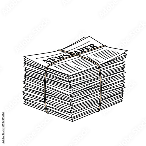 A stack of newspapers bound together with twine on a white background.