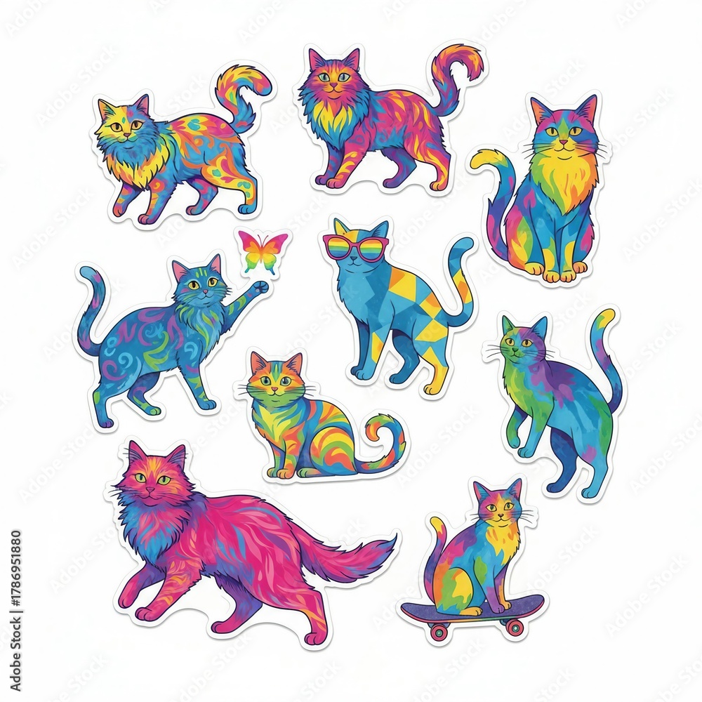 Obraz premium Colorful Cat Stickers Collection Featuring Unique Designs and Playful Poses for Cat Enthusiasts