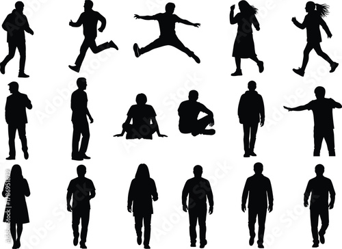 Silhouette collection of people in various poses including walking, running, jumping, sitting, standing, gesturing for design and motion studies