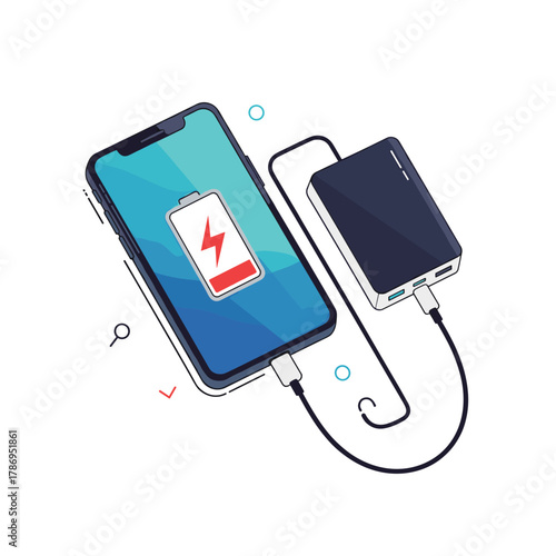 Smartphone charging with a power bank using a USB cable on a white background.