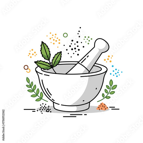 Illustration of a mortar and pestle with herbs and spices for herbal medicine preparation.