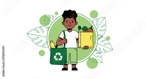 Young person with reusable bag and groceries embraces eco lifestyle