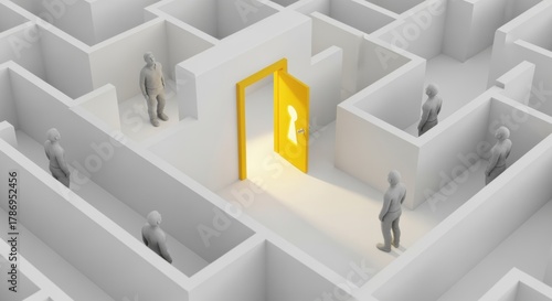 Discover Your Path: People Navigating a Maze Toward an Open, Bright, Keyhole Door Offering Hope, Opportunity, and a Solution for Business Success