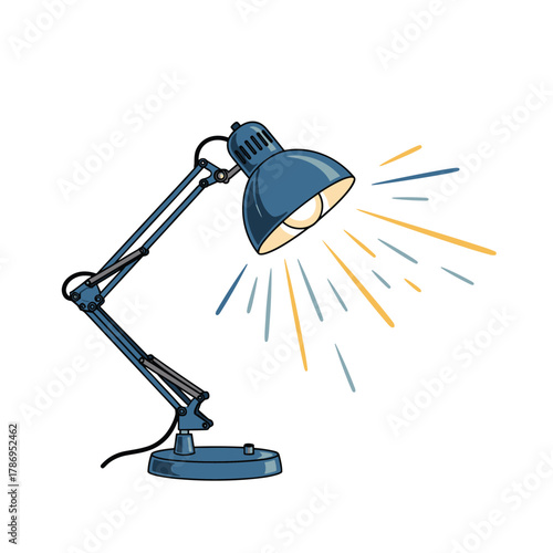 A blue articulated desk lamp with an illuminated bulb and stylized light rays emanating outwards.