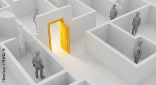 Find the way out with this stunning maze design featuring a vibrant yellow door, perfect for illustrating solutions, escape, and strategic thinking concepts