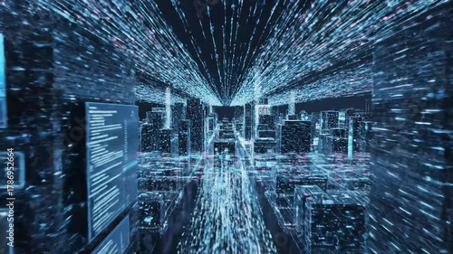 Futuristic Cyber City Data Stream - A futuristic cityscape is video in blue and pink hues, with data streams flowing throughout. The video captures a dynamic, technological environment.